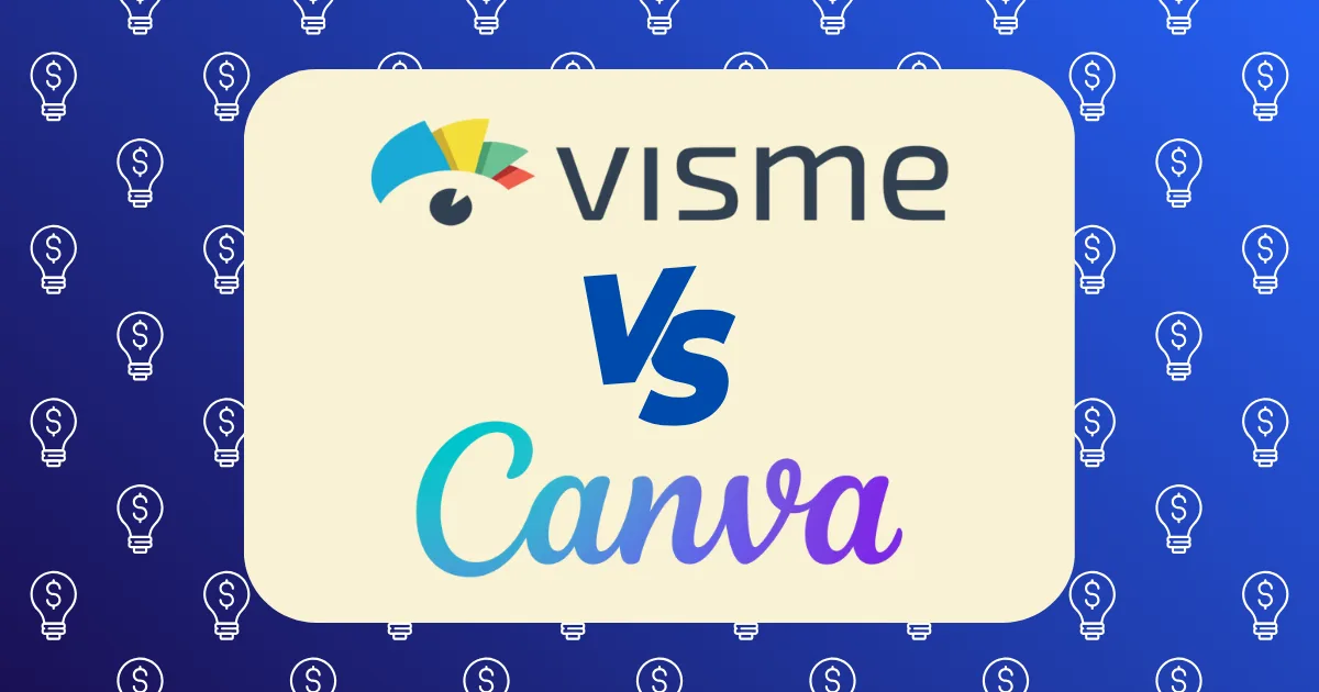 A graphic featuring "Visme vs Canva" in bold, with the Visme logo and Canva’s colorful text logo displayed on a cream rectangle, set against a blue background patterned with lightbulb icons.