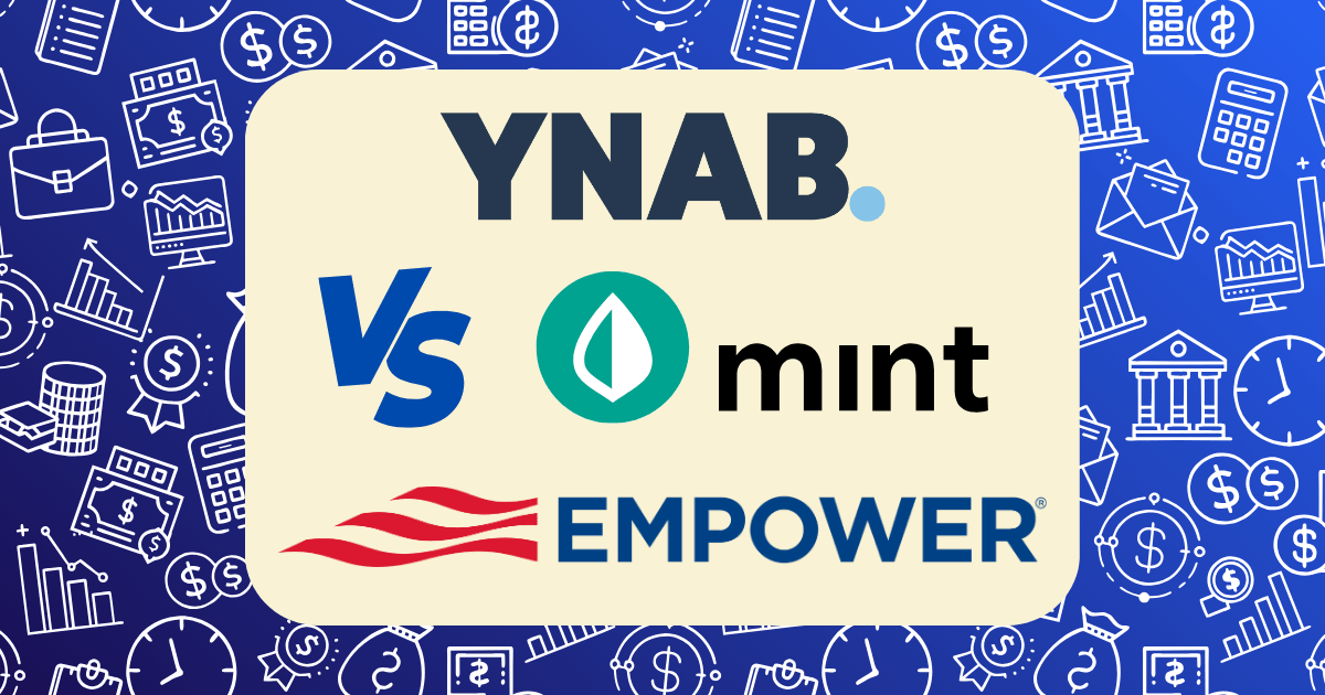A graphic showing logos of YNAB, Mint, and Empower with VS in between, set against a blue background with white finance-related icons—perfect for comparing YNAB vs Mint vs Personal Capital at a glance.