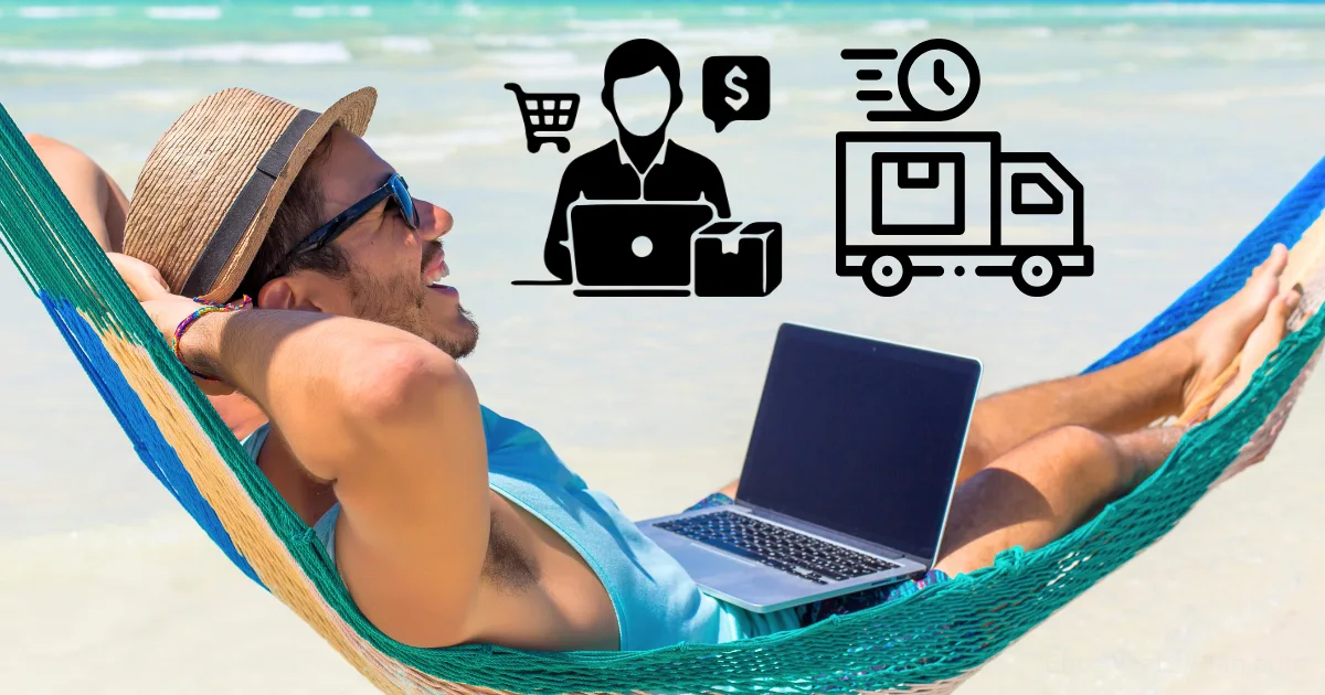 A smiling man lounges in a hammock on a tropical beach with a laptop, enjoying the benefits of automated dropshipping. Overlay icons for online shopping, money, and shipping suggest the freedom of remote work or a digital nomad lifestyle.