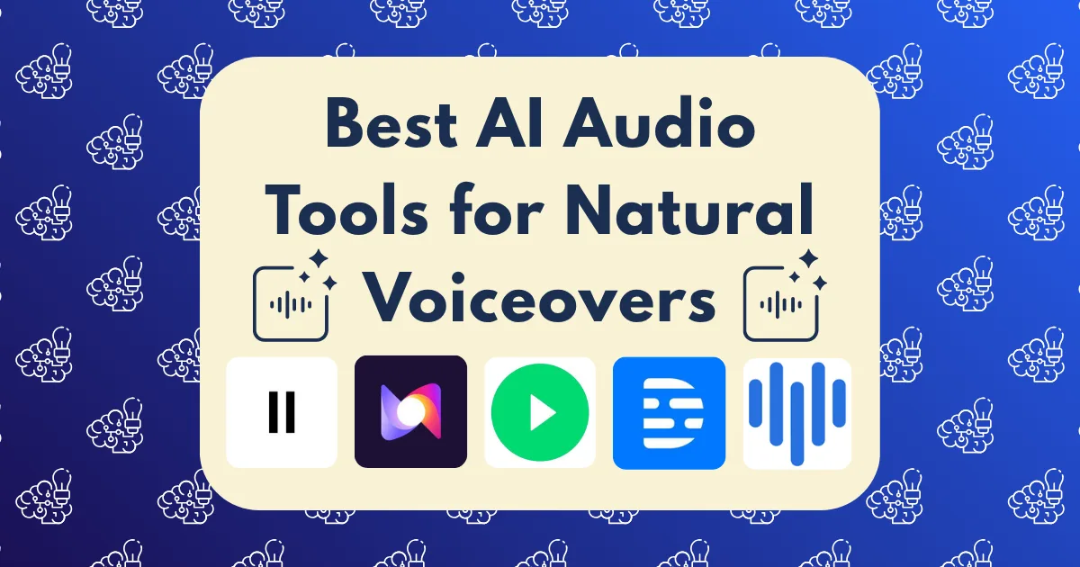 A graphic with the title Best AI Audio Tools for Natural Voiceovers and five AI audio tools app icons displayed below the text, set against a blue background with a pattern of white flowers.