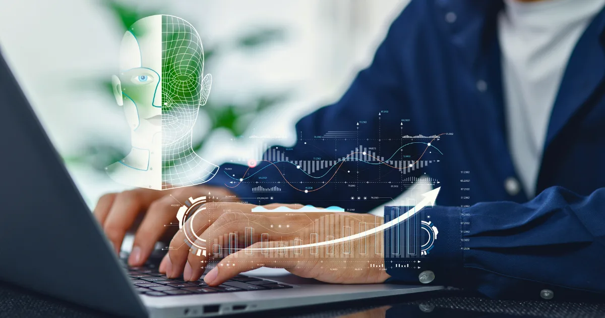 Person typing on a laptop with digital graphics overlaid, including a wireframe human face, data charts, and arrows—symbolizing the best AI tools for entrepreneurs in areas like artificial intelligence, data analysis, or facial recognition technology.