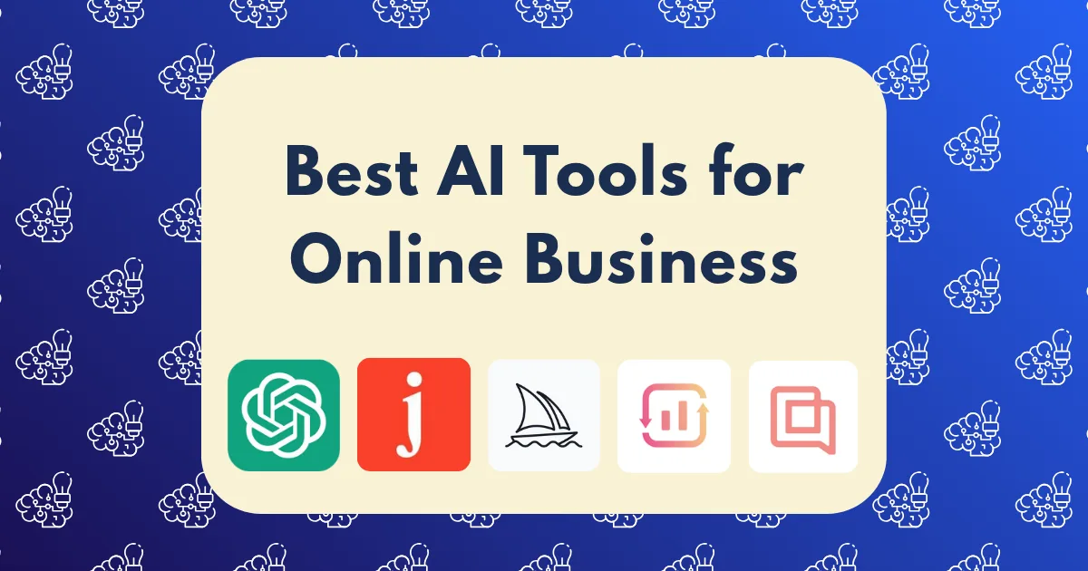 A graphic titled “Best AI Tools for Online Business” featuring icons for ChatGPT, Jasper, Copysmith, and more, set against a blue background with a pattern of small white flowers. Discover the best AI tools for online business success.
