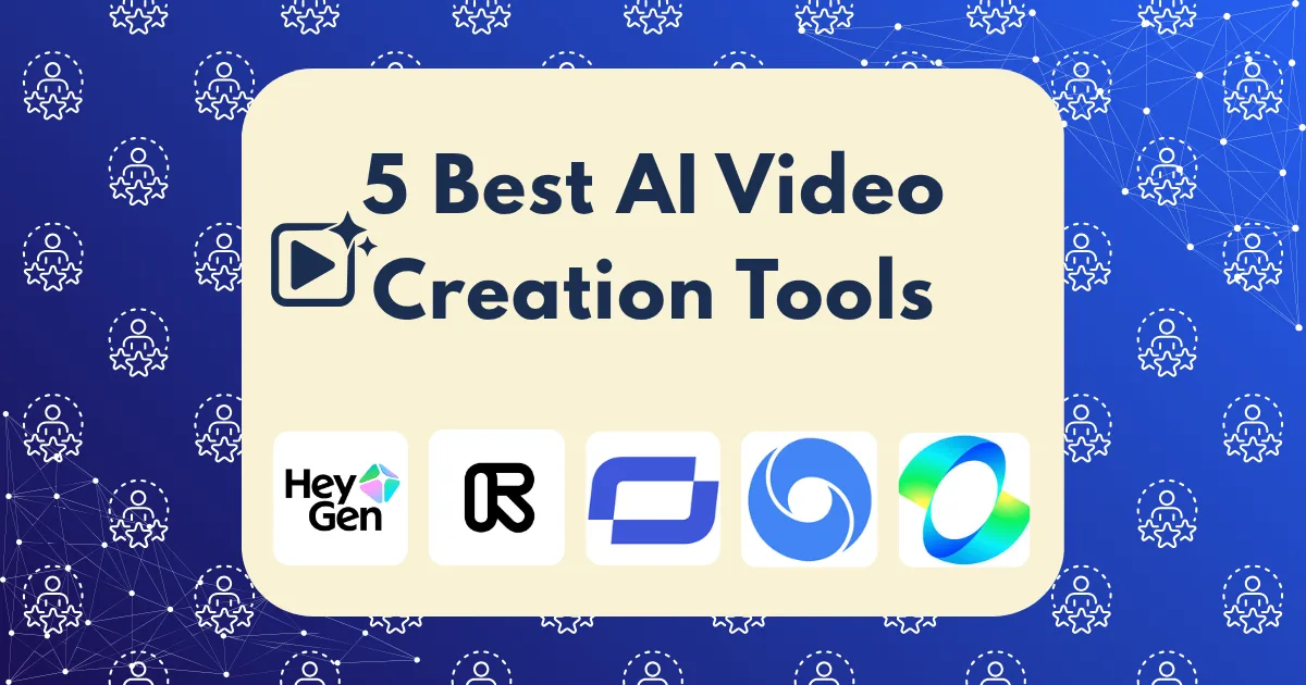 A graphic titled 5 Best AI Video Creation Tools featuring logos of the best AI video creation tools—HeyGen, Runway, Synthesia, Pictory, and DeepBrain—set against a blue background with white network and award icons.