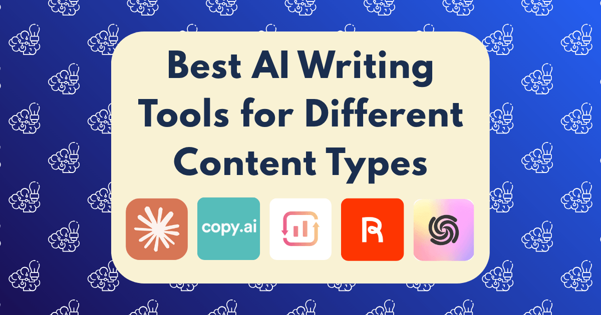 A graphic showcasing the best AI writing tools for different content types, featuring icons for Jasper, Copy.ai, Writesonic, Rytr, and ShortlyAI on a blue patterned background.