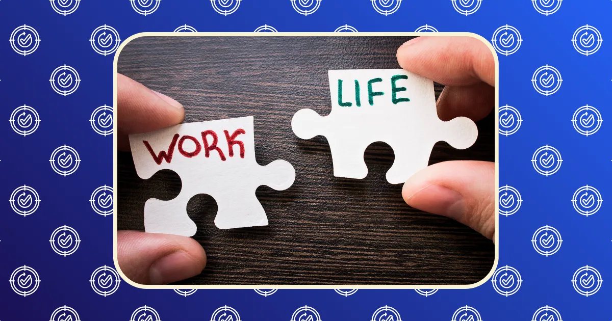 Two hands hold puzzle pieces labeled WORK and LIFE, symbolizing work-life balance, over a dark wooden surface. The blue background with circular arrow icons hints at the best apps for work-life balance and productivity.
