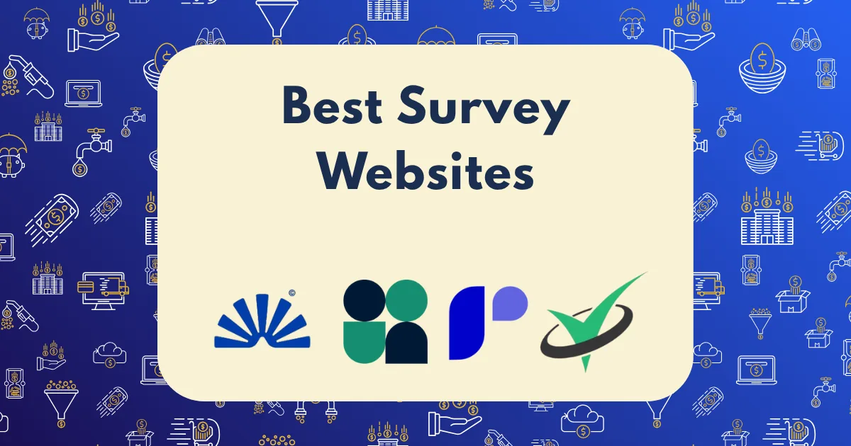 A beige rectangle with the text Best Survey Websites and four colorful logos is set against a blue background featuring line art icons related to surveys, technology, and the best survey websites.