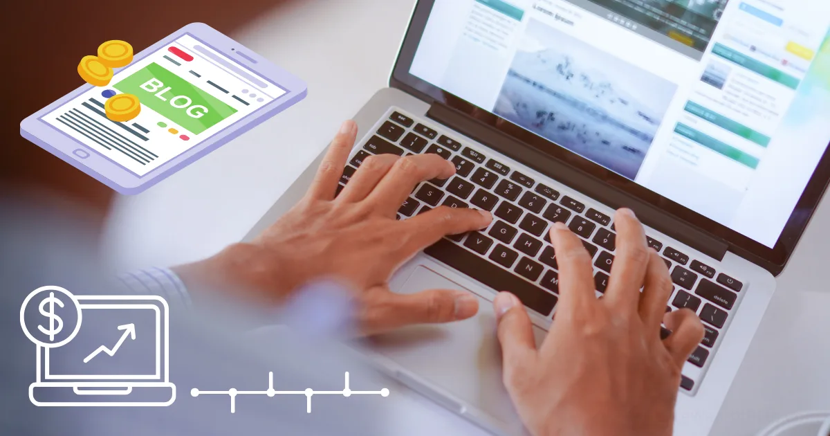 A person types on a laptop, with illustrated graphics of a tablet labeled BLOG with coins and a laptop showing a growth chart and dollar sign, symbolizing blog monetization timeline and blogging for income.