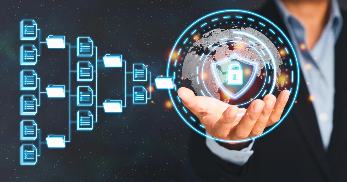 A person in a suit holds a glowing digital globe with a lock symbol, representing cybersecurity. Floating folders and file icons connect to the globe, highlighting cloud storage organization, data protection, and secure network access.