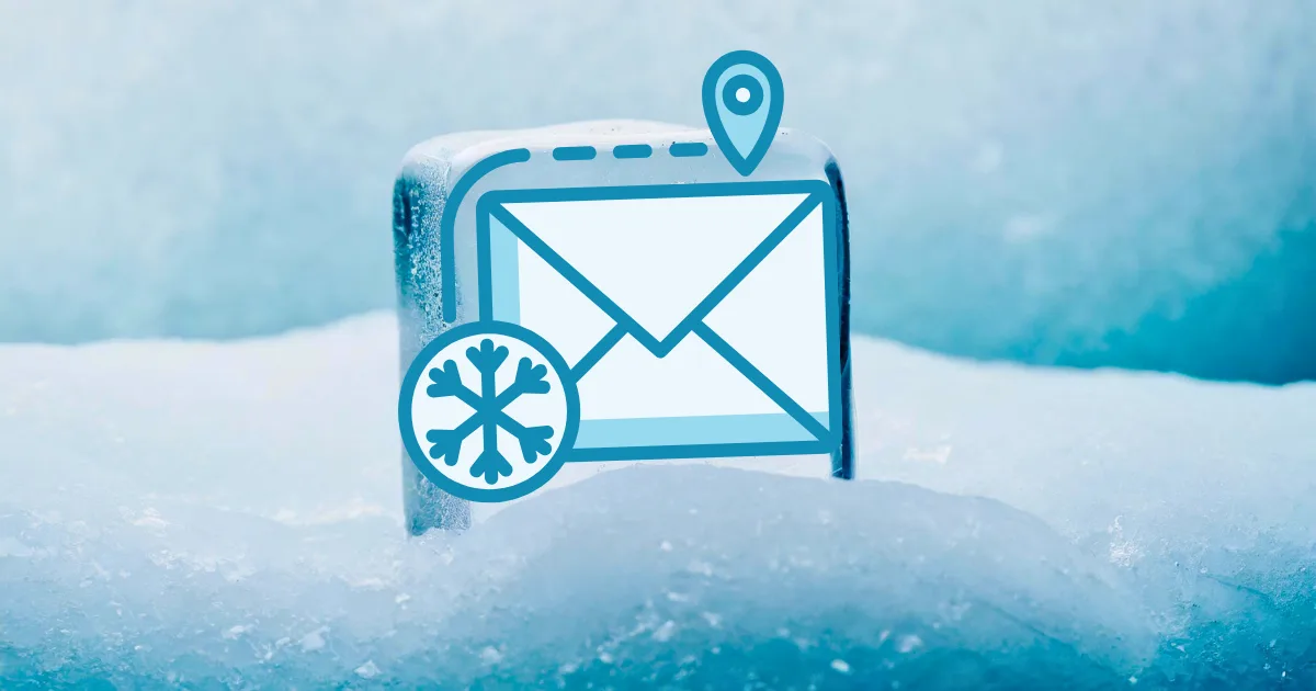 An illustrated envelope with a snowflake icon and a map pin appears against a snowy, icy background, evoking the concept of cold outreach templates.