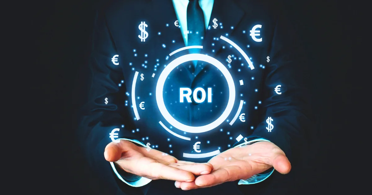 A person in a suit holds out their hands with a glowing graphic above them showing content marketing ROI surrounded by dollar and euro symbols, representing return on investment and financial growth.