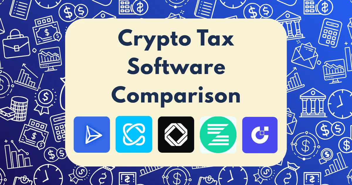 A graphic titled Crypto Tax Software Comparison features icons of five popular crypto tax software apps, set against a blue background with financial-themed line drawings to highlight the crypto tax software comparison.