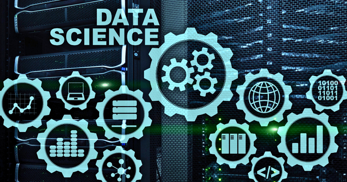 Digital illustration of gears with data science side hustle icons—charts, globe, server, code—overlaid on computer servers in the background, with the text DATA SCIENCE at the top.