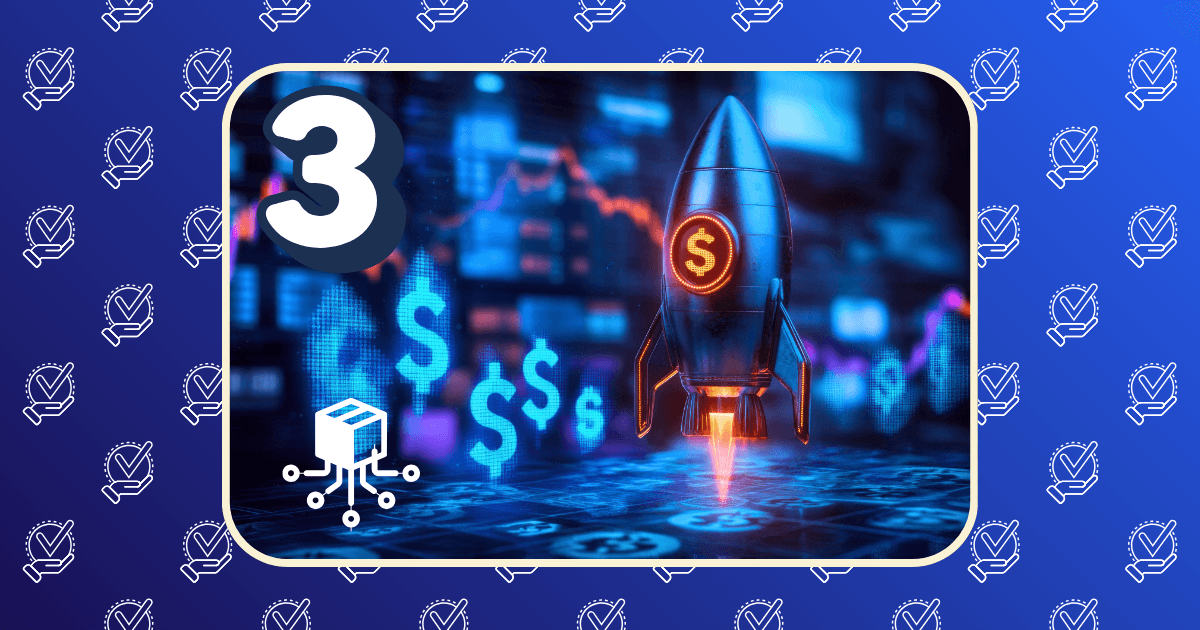 A digital illustration of a rocket with a dollar sign launching upward, surrounded by blue glowing dollar signs and financial graphs, highlights the number 3 and a blockchain icon—perfect for showcasing digital product launch case studies.