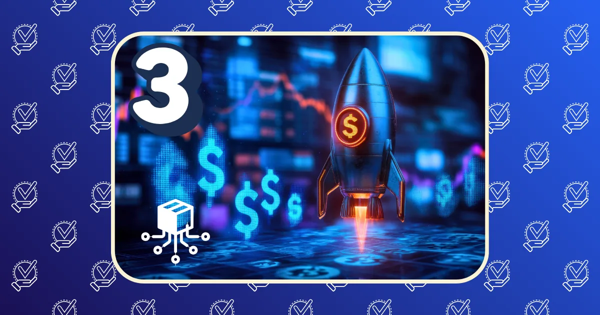 A digital illustration of a rocket with a dollar sign launching upward, surrounded by blue glowing dollar signs and financial graphs, highlights the number 3 and a blockchain icon—perfect for showcasing digital product launch case studies.