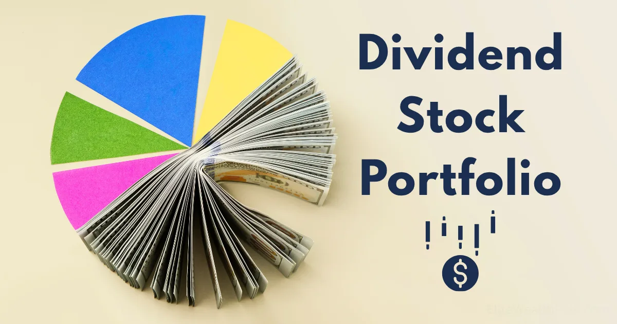 A pie chart made of colored paper segments and folded dollar bills sits next to the words dividend stock portfolio and a dollar sign symbol with stock chart lines, illustrating a growing dividend stock portfolio.
