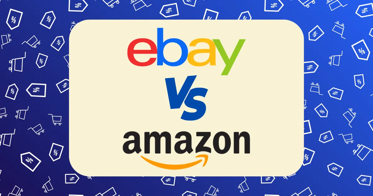 A graphic showcasing eBay vs Amazon, featuring the eBay and Amazon logos with "vs" in blue on a beige background, all set against a blue pattern filled with shopping cart and discount icons.