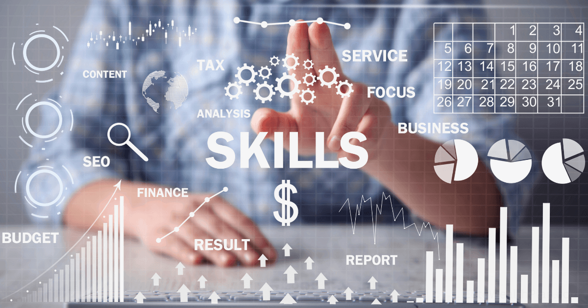 A person points at the word SKILLS on a transparent screen displaying business-related icons and terms like tech trends, tax, SEO, finance, analysis, budget, content, and charts.