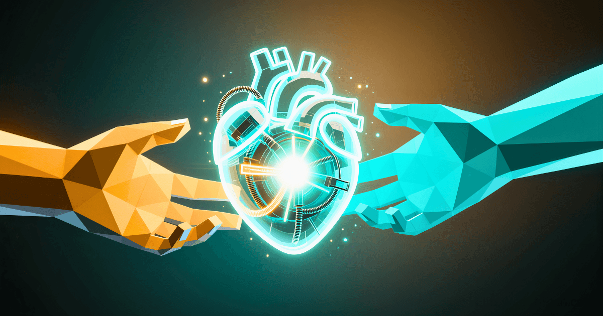 Two polygonal hands, one orange and one blue, reach toward a glowing, digital heart at the center. The heart emits light and features mechanical elements, symbolizing ethical AI business, technology, and meaningful connection.