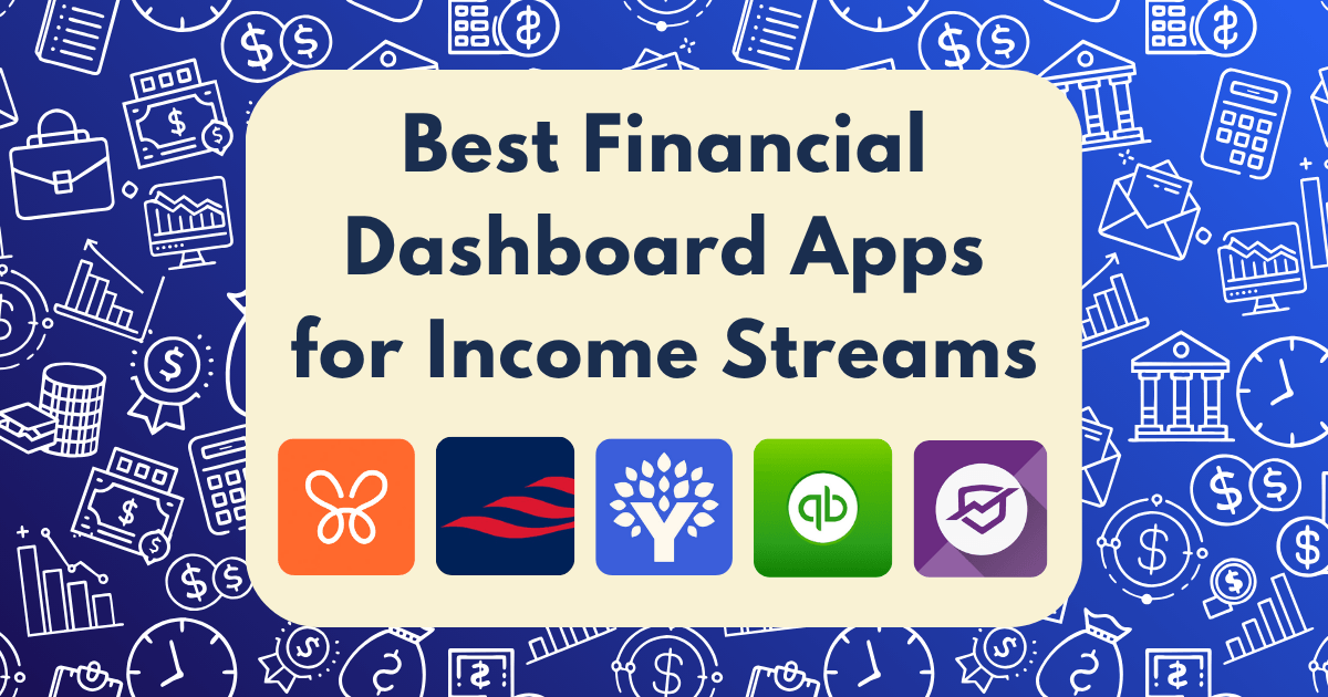 A banner with icons of five finance apps and the text Best Financial Dashboard Apps for Multiple Income Streams on a background of financial-themed doodles, including money, graphs, and calculators.