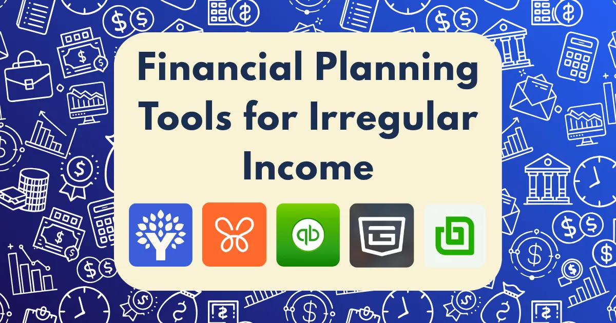 A sign with financial planning tools for irregular income and five finance app icons, set against a blue background with doodles of money, charts, clocks, houses, and briefcases.