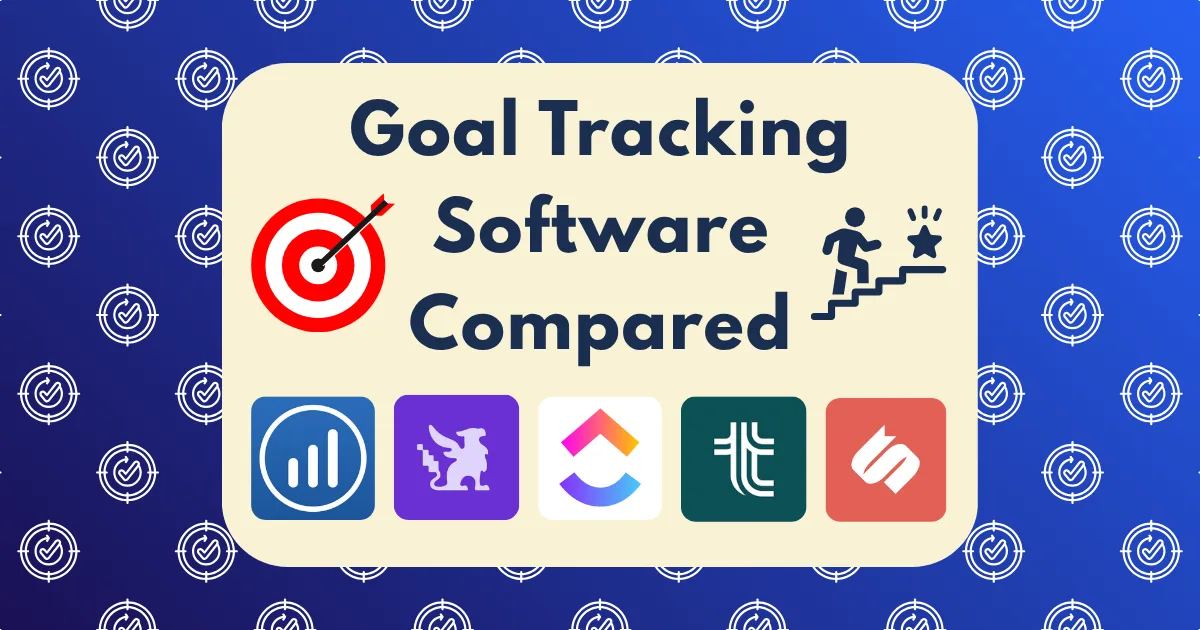 A graphic highlighting goal tracking software, featuring the text "Goal Tracking Software Compared," a bullseye icon, and a person reaching for a star. Five software logos appear on a blue background with repeating target icons.
