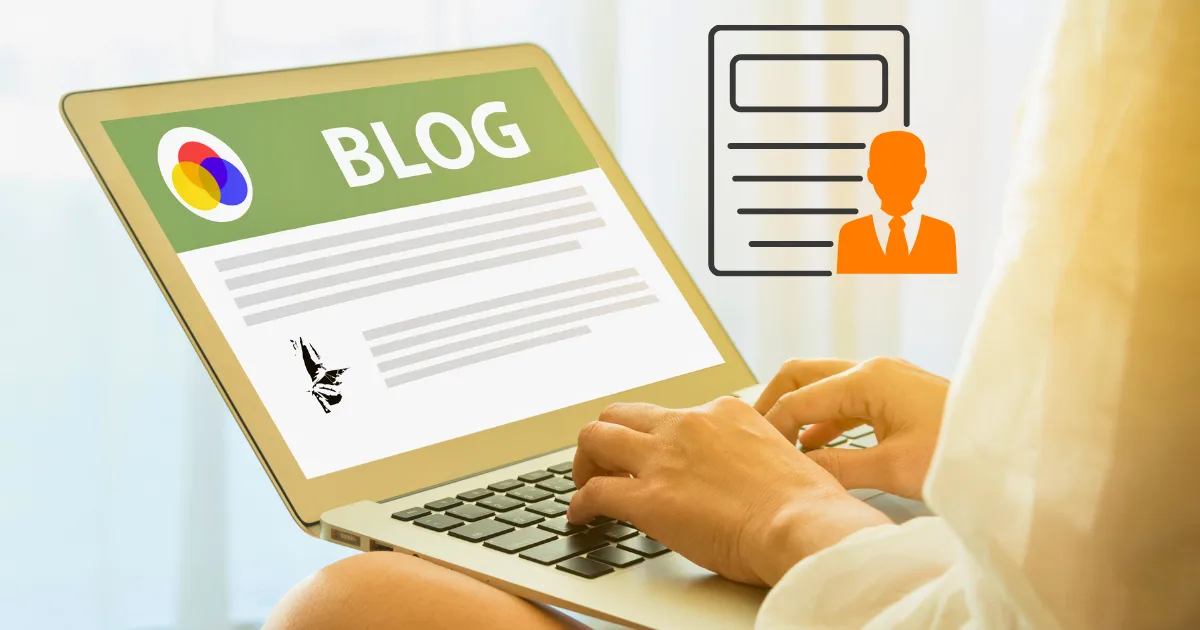 A person types on a laptop displaying a blog page, illustrating a guest posting strategy, while an orange icon of a document and user profile appears in the background.