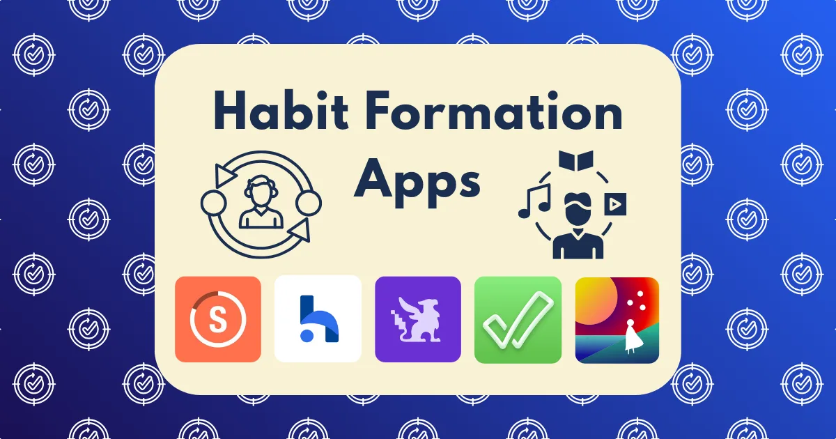 A graphic featuring the title "Habit Formation Apps" with five habit formation app icons at the bottom, set against a blue patterned background with repeating circular arrows.