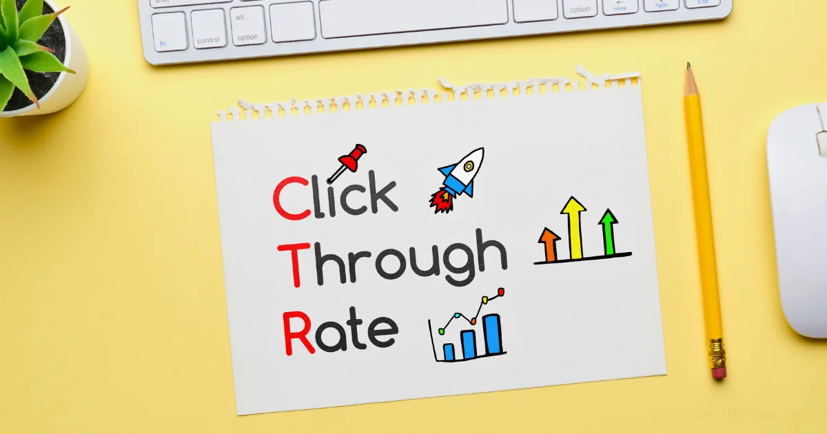 A notepad on a yellow desk displays Click Through Rate with the letters C, T, and R in red; headline formulas, a mouse pointer, rocket, and charts surround the text. A pencil, keyboard, mouse, and plant are nearby.