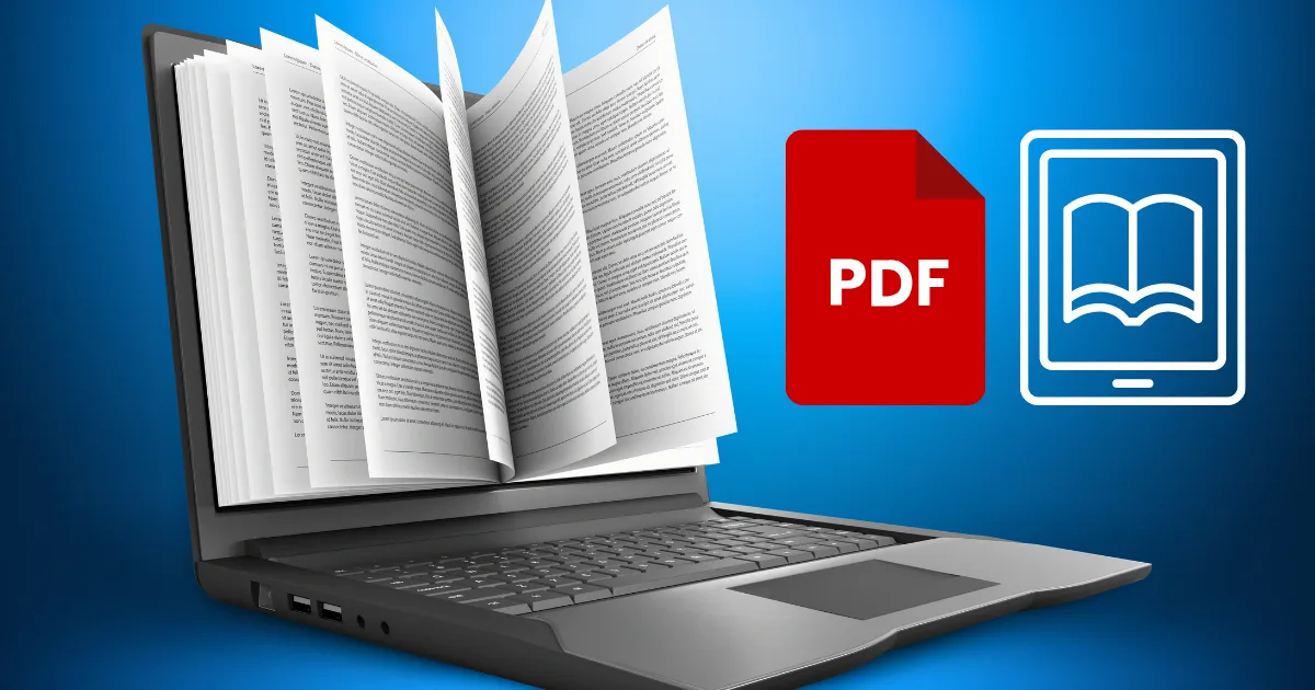 An open laptop with an animated book emerging from the screen, alongside icons of a PDF file and an e-book reader, all on a blue background—perfect for illustrating how to write and sell an e-book.
