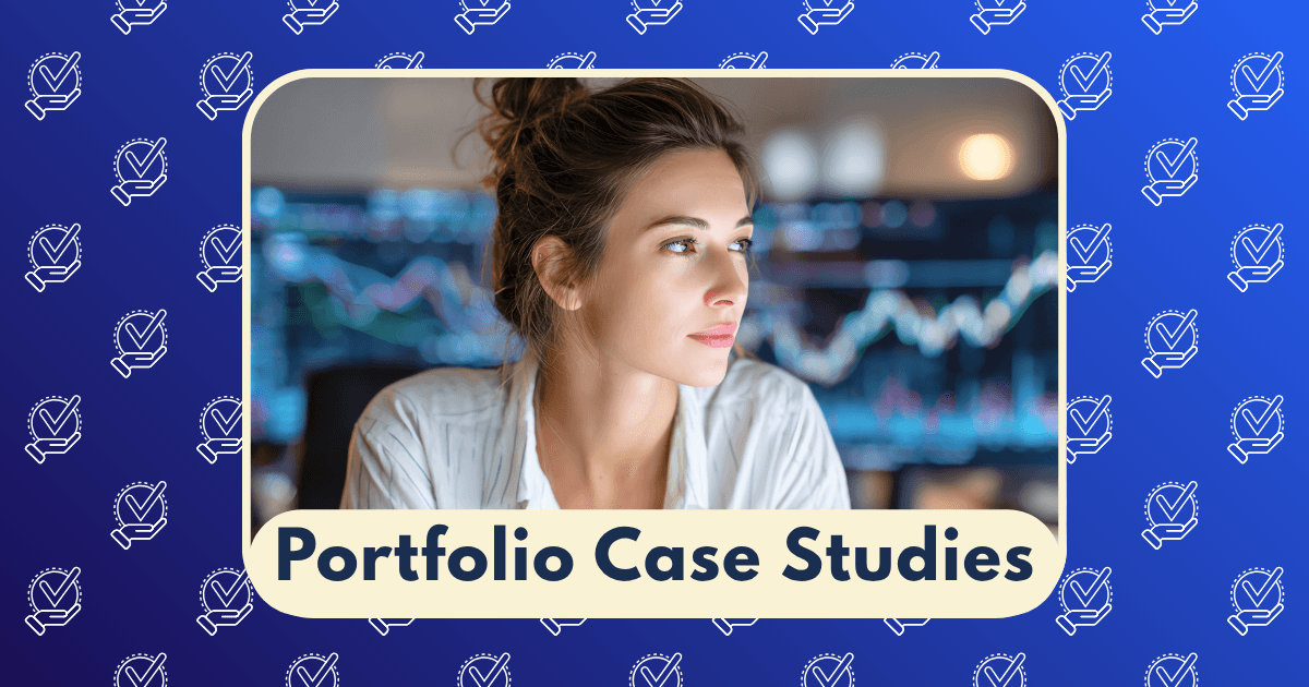 A woman looks thoughtfully to the side with blurry financial charts in the background; text below reads Investment Portfolio Case Studies on a blue background with checkmark icons.