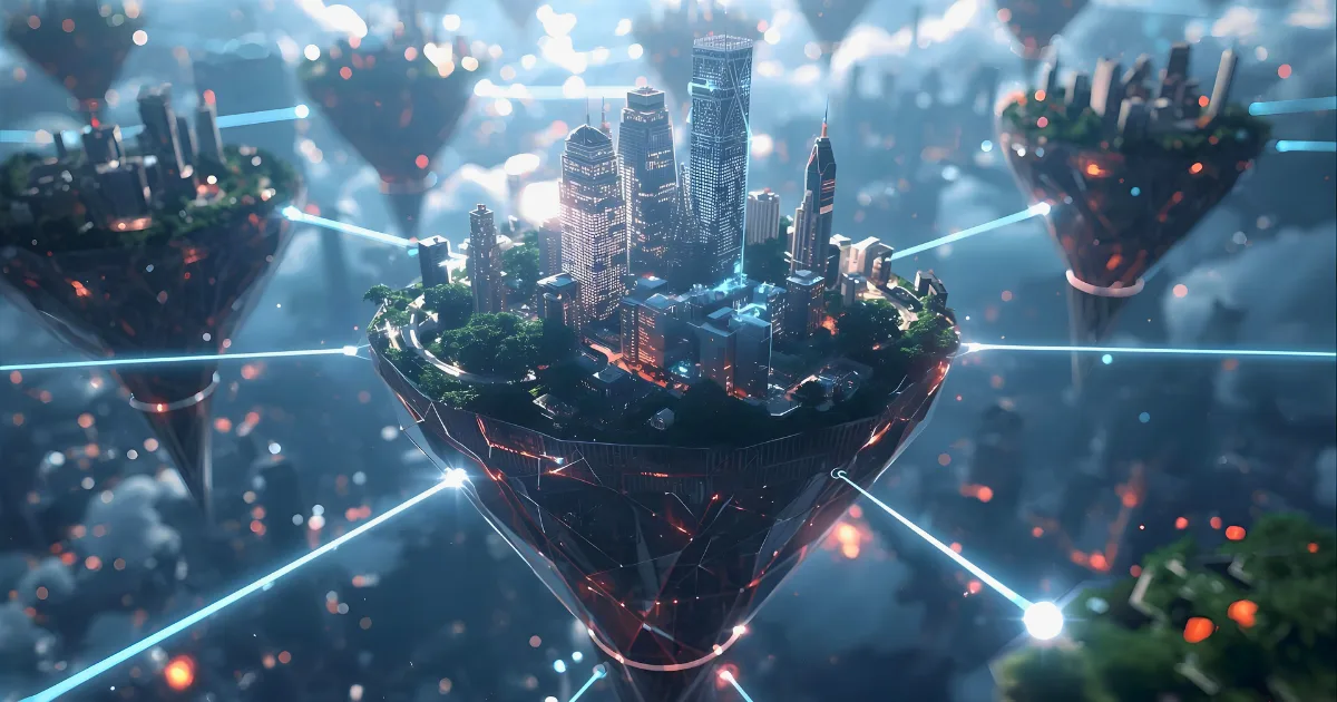 A futuristic city sits atop a floating island, representing metaverse real estate, connected to similar islands by glowing blue lines, with clouds and light beams in the background, creating a sci-fi, high-tech atmosphere.