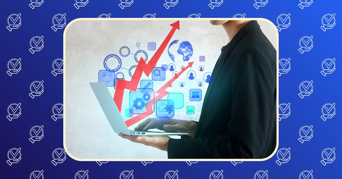 A person in a dark jacket types on a laptop as digital icons, gears, and red upward arrows emerge—symbolizing an online business pivot and growth—set against a blue background with checkmark patterns.