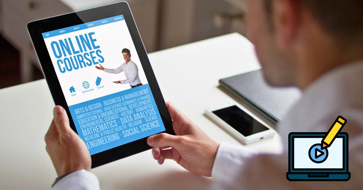 A person holding a tablet displays a webpage for online courses, with a man pointing at the screen. Course topics and icons are visible, highlighting online course creation. A laptop with a pencil and play button icon appears in the lower right corner.