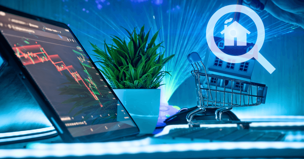 A tablet displaying stock charts sits beside a small potted plant and a tiny house in a miniature shopping cart, with a magnifying glass and house icon overlay, highlighting personal investment strategy in real estate.