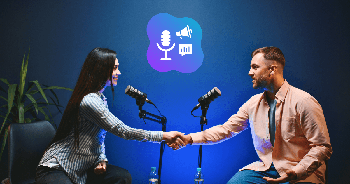 Two people sit across from each other in a studio, shaking hands while speaking into microphones. A podcast marketing plan is discussed as a podcast or interview icon is visible on the blue wall behind them.