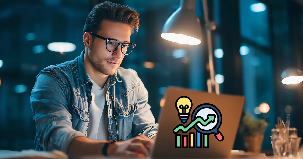 A man wearing glasses works on a laptop at a desk in a dimly lit room. An illustrated graphic of a light bulb, graph, and magnifying glass—symbols of a product research framework—is superimposed on the laptop screen.
