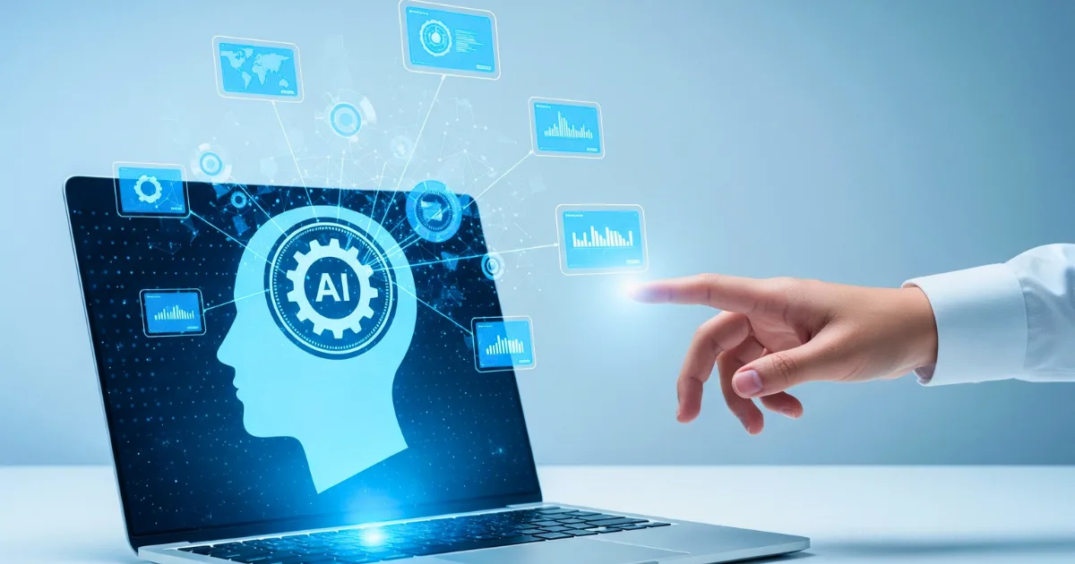 A hand points toward a laptop screen displaying a graphic of a human head with “AI” inside a gear, surrounded by digital data icons—symbolizing artificial intelligence technology in modern prompt engineering business.