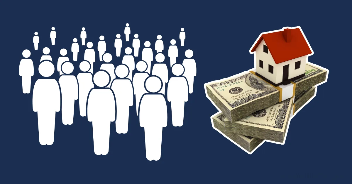 A group of white illustrated people next to stacks of dollar bills with a small house on top, set against a dark blue background, representing real estate crowdfunding.