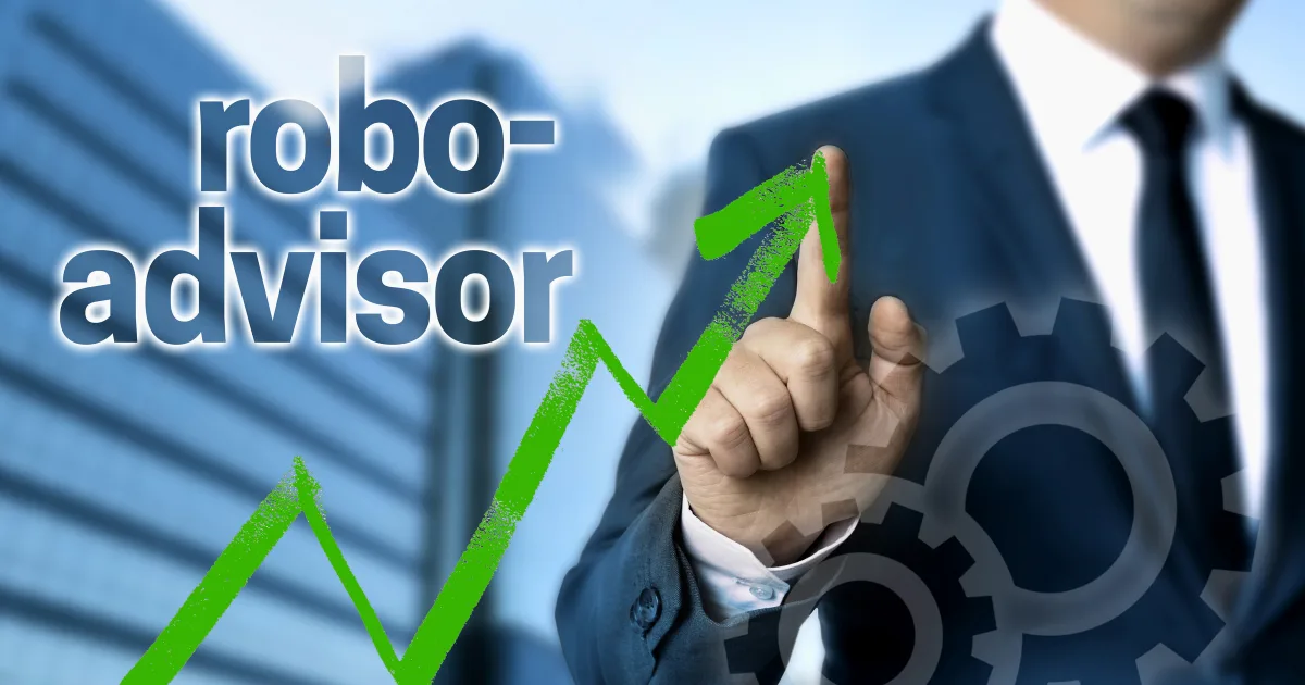 A person in a suit touches a rising green arrow next to the words robo-advisors with gear icons and a modern office building in the background, symbolizing the growth of financial technology solutions.