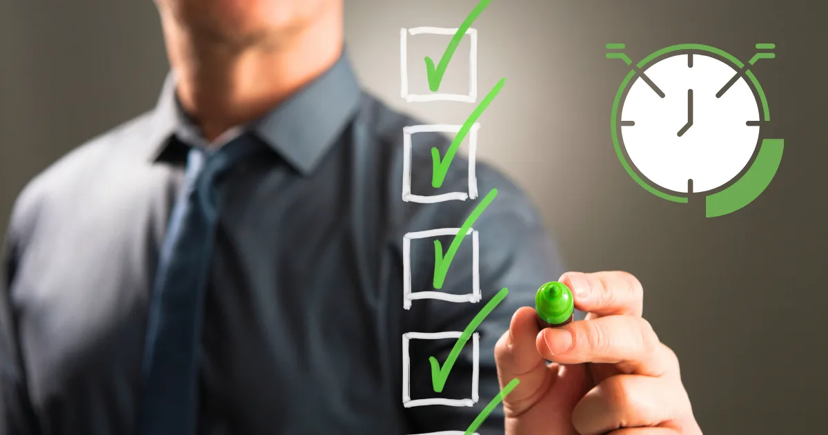 A person in a dress shirt marks green checkmarks on a transparent checklist, utilizing a time blocking system. A green clock icon in the top right corner suggests effective time management or task completion.