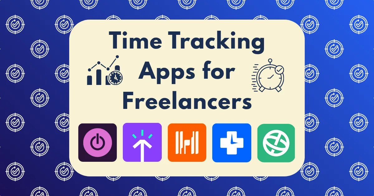 A graphic titled Time Tracking Apps for Freelancers showcases icons of five top time tracking apps for freelancers, set against a light background with a blue patterned border adorned with repeating clock symbols.