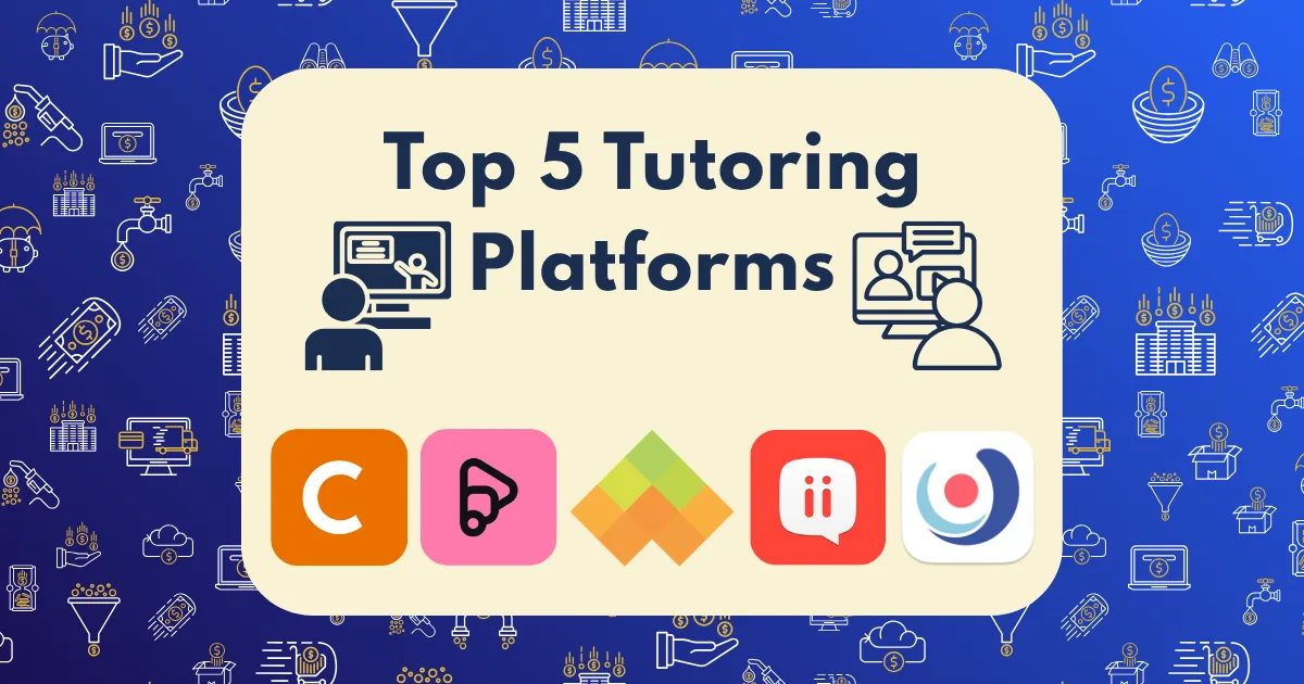 A graphic titled Top 5 Tutoring Platforms highlights leading tutoring platforms with online learning icons, five platform logos, and a blue background adorned with education-themed line drawings.