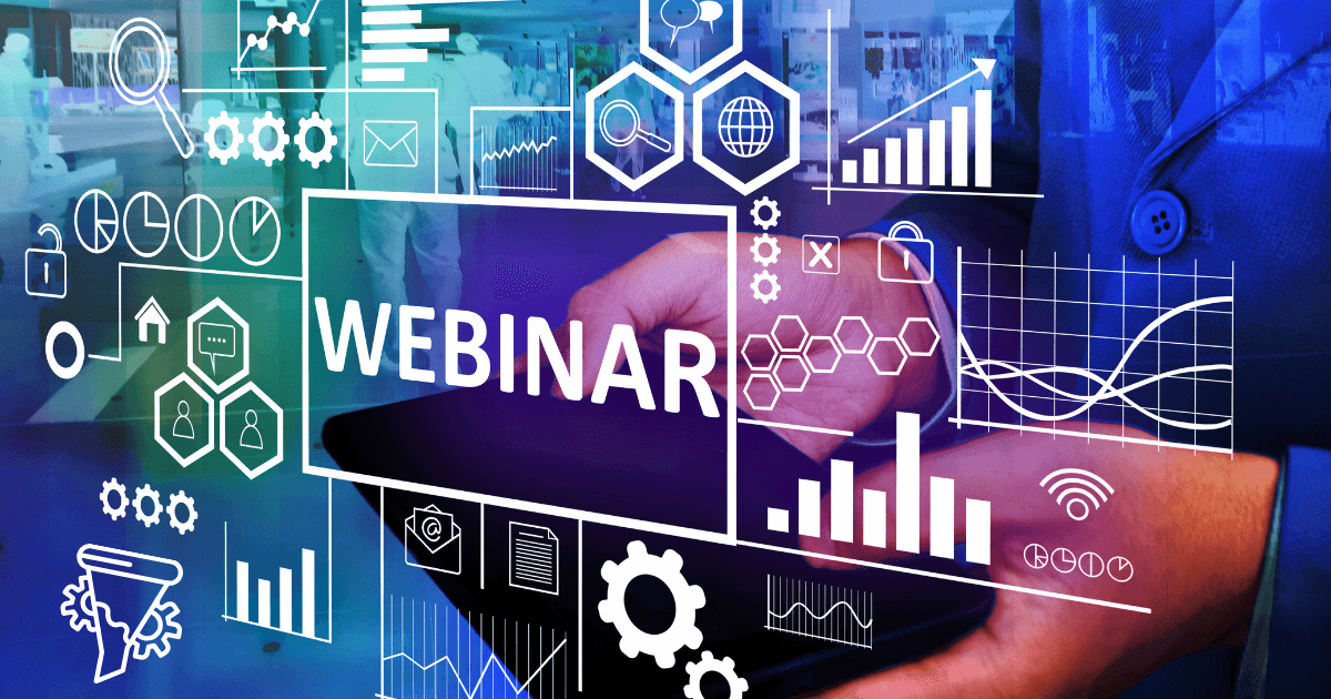 A person uses a tablet, with the word WEBINAR and various digital icons, graphs, and charts overlaid, illustrating online learning, data analysis, and the effectiveness of a robust webinar funnel in a technology-driven environment.