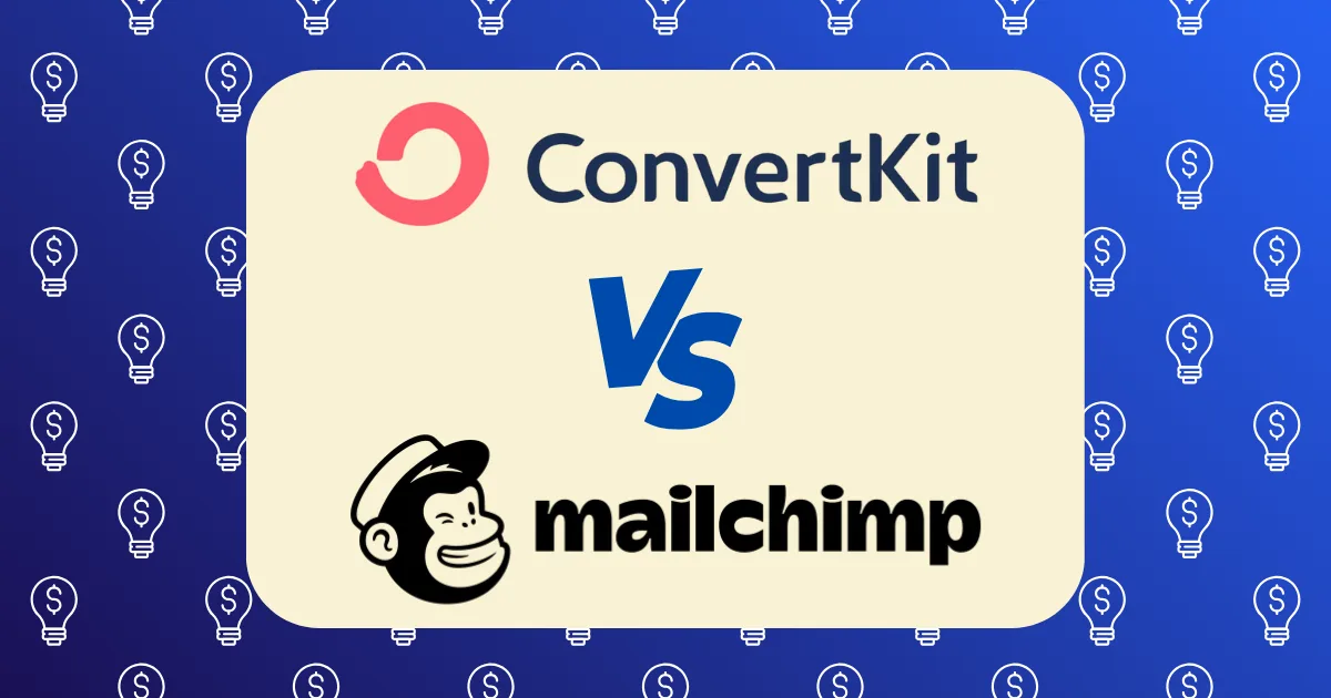 A graphic comparing ConvertKit vs MailChimp, featuring the ConvertKit logo and name above the Mailchimp logo with a bold VS between them, set against a light background and blue backdrop decorated with lightbulb icons.