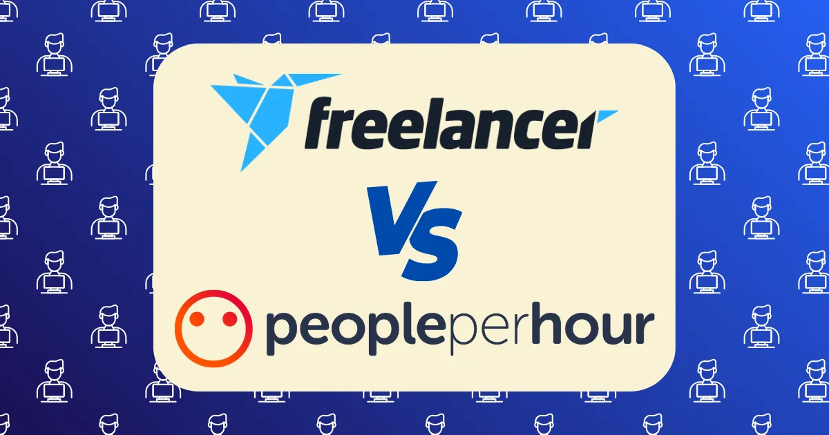A graphic with Freelancer.com vs PeoplePerHour, featuring the Freelancer logo above "VS" and the PeoplePerHour logo below, set on a cream background with icons of a person using a laptop on a blue backdrop.