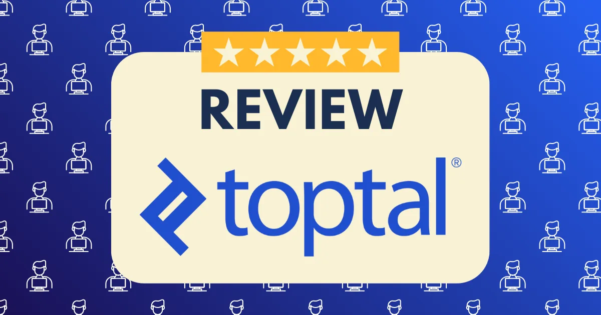 A graphic featuring five stars above the phrase "Toptal review" and the Toptal logo, set against a blue background with a pattern of white outlined figures working on laptops.