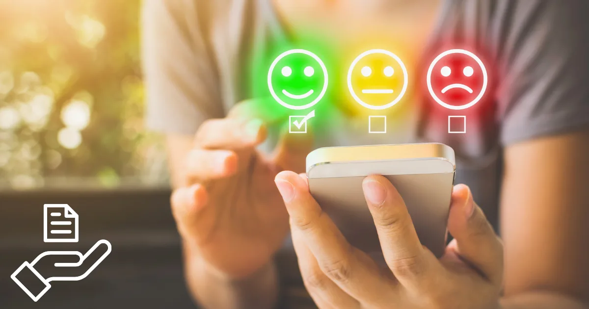 A person using a smartphone with icons of a smiling, neutral, and sad face above, indicating a satisfaction survey. The smiling face is checked. Customer service templates and a document with a hand icon appear on the left.