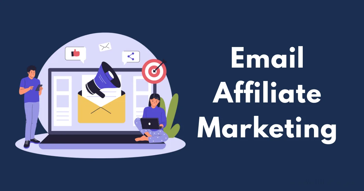 Illustration of two people near a large laptop showing an envelope and megaphone, surrounded by icons, with the text Email Affiliate Marketing Sequence on a dark background.