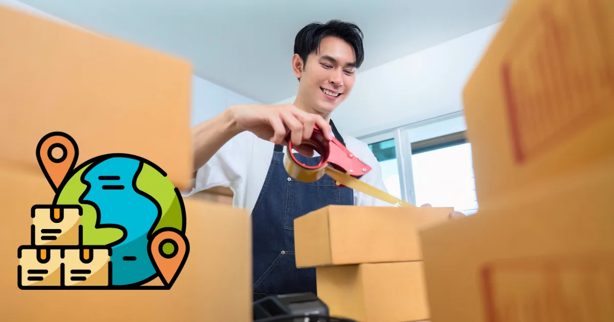 A man in an apron smiles while taping cardboard boxes in a bright room. In the foreground, an illustration of a globe, packages, and location pins highlights international shipping and global delivery.