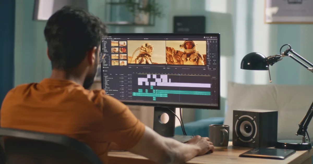 A person sits at a desk editing a sci-fi video on a large computer monitor, possibly taking a video editing crash course, with astronaut scenes and a timeline displayed. The cozy, well-lit workspace includes speakers, a lamp, keyboard, and mouse.